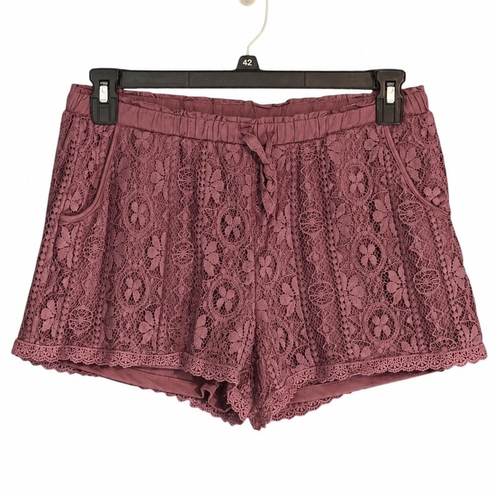 Maurices Womens Large Burgundy Lace Shorts Floral Scalloped Pull On Boho